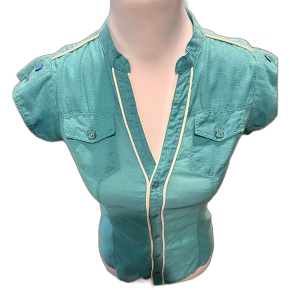 Diesel Y2K Textured Button Front Blouse XXS Green Cap Sleeve Contrast Trim 00s - Picture 2 of 11